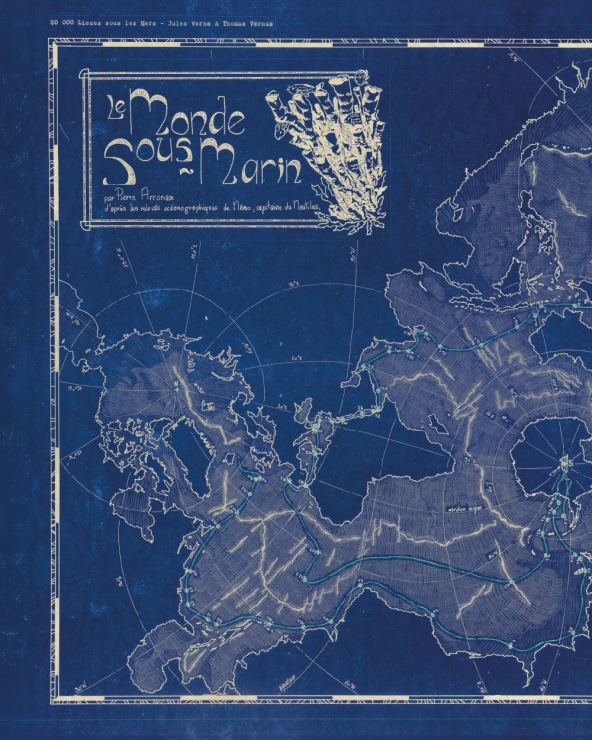Carte Le Monde sous-marin, 20 000 lieues sous les mers illustré par Thomas Vernus.